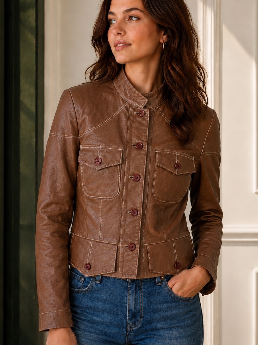 Vintage Y2K Zelda Cognac Lamb Leather Jacket Utility Pocket Boho Size 8